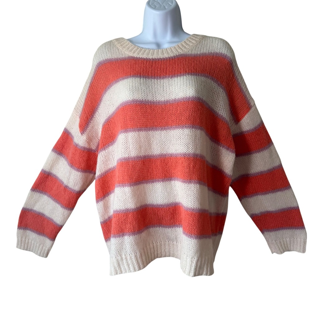 Striped Mohair Wool Blend Sweater Coral Cream‎ Oversize Coastal Airy L/XL NWT